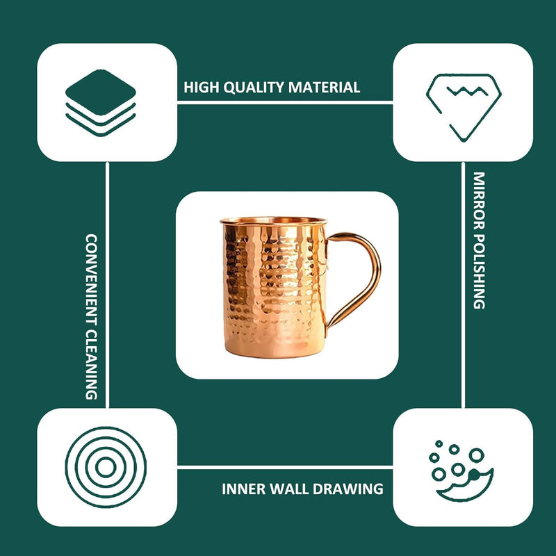 100% Copper Mug for Moscow Mule - 12oz Hammered Pure Copper Thick Straight Wall