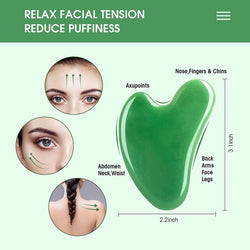 Gua Sha Massage Facial Tool Set,Guasha Massager Kit for Face and Body,Scraping Massage Board 4-piece Set Physical Therapy,Gua-sha Jade Stone also be Used on the Chin ,face,Neck and Back. (green)