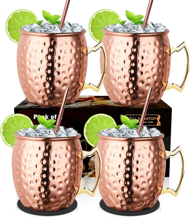 LIVEHITOP Moscow Mule Copper Mugs Set of 2, Copper Cups 19.5 Oz Cocktail Kit with Straw Coaster for Wine, Beer, Cold Drink, Bar, Party, Gifts