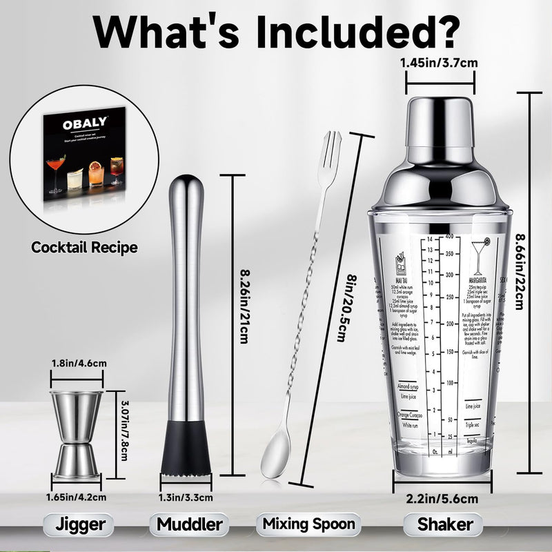 Glass Cocktail Shaker Stainless Steel Leak-Proof Lid Boston Shaker Martini Shaker Beginner Bartender Kit with Jigger 22oz Mixed Drink Shaker with Measurements Ice Shaker Mixing Glass Bar Tools