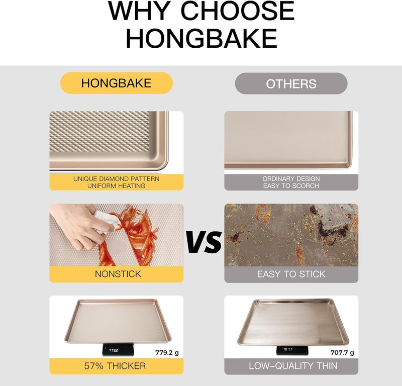 HONGBAKE Baking Sheet Pan Set, Cookie Sheets for Oven, Nonstick Half/Quarter/Jelly Roll Pans with Diamond Texture Pattern, Heavy Duty Cookie Tray