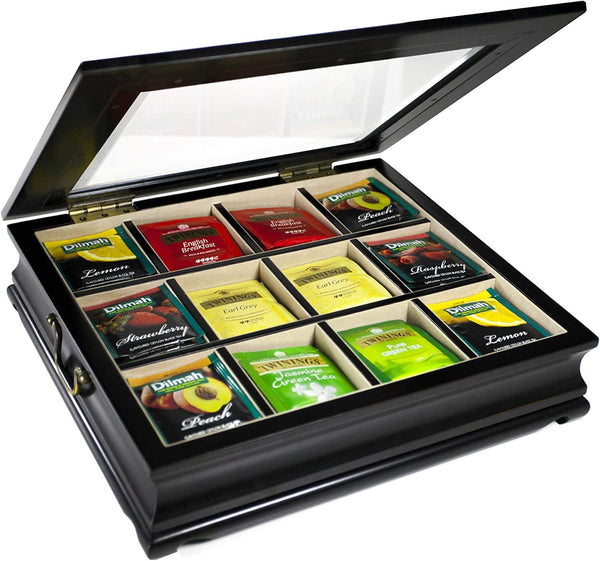 Chez Monett Tea Chest 12 Compartments Tea Bag Large Storage Box with Beveled Glass Lid