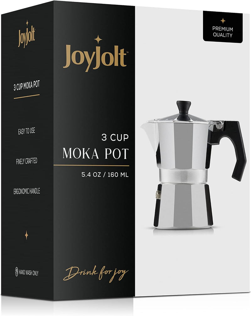 JoyJolt Italian Moka Pot 3 Cup Stovetop Espresso Maker. Aluminum Coffee Percolator Coffee Pot With Heat Resistant Handles! Portable Espresso Maker Camping Coffee Pot, Stove Top Cafetera