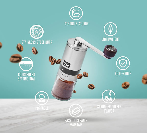 GAVO Manual Coffee Grinder with Stainless Steel Burr - Coffee Grinder Manual with Adjustable Settings for Aeropress, Drip Coffee, Espresso, French Press, Turkish Coffee & More!