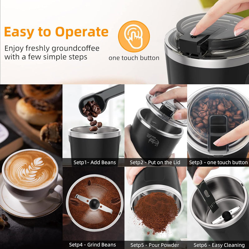 ROLWAY Coffee Grinder Electric, Espresso Coffee Bean Spices Grinder, Coffee Blade Grinders, One Touch Portable Grinder, for Coffee Bean, Spices, Herbs, Nuts, Grains, Black