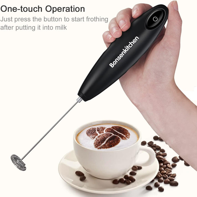 Bonsenkitchen Milk Frother Handheld, Automatic Milk Foam Maker Hand Frother for Coffee, Matcha, Hot Chocolate, Battery Operated Mini Drink Mixer-Black