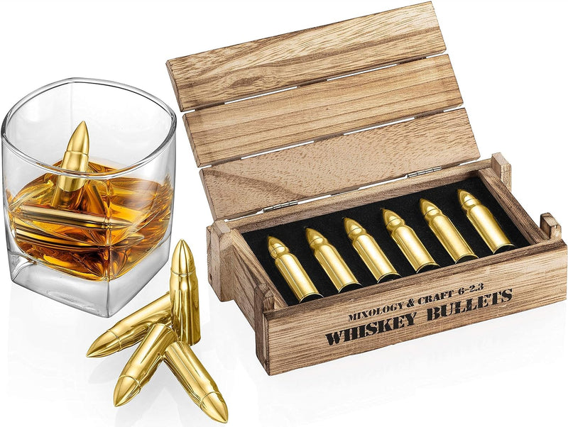 Whiskey Stone Gift Set - Stainless Steel Whiskey Stones in a Wooden Army Crate | Reusable Ice Cube for Whiskey | Whiskey Gift Set for Men, Dad, Husband, Boyfriend (Silver)