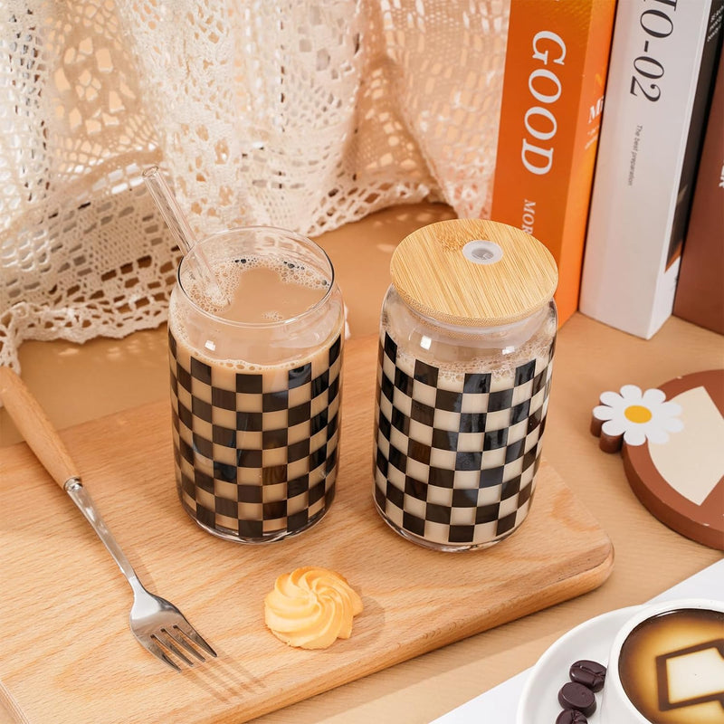 Whaline 2 Pack Checkered Drinking Glasses 16oz Black Checkered Glasses Cup Ice Coffee Cup with Bamboo Lid Glass Straw Cleaning Brush for Race Car Party Drink Decoration Gifts