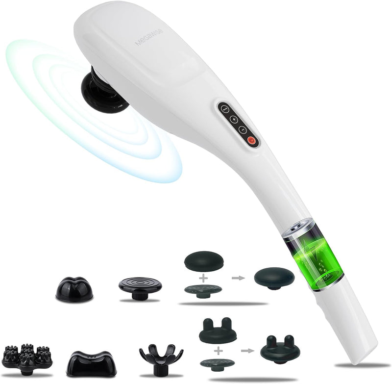 MEGAWISE CORDLESS Handheld Back Massager w/ Rechargeable 3200mAh Battery, 5 Speed and 5 +2 Massage Nodes with hard, medium and 2 soft silicone Nodes; Massage while moving around (Perarl White)