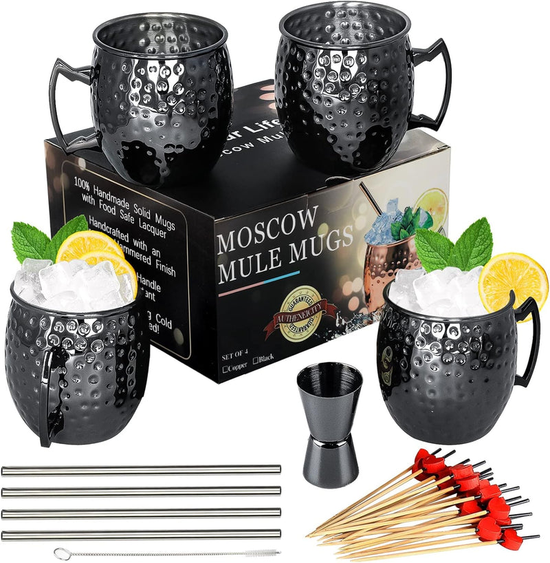 Moscow Mule Mugs- Set of 4 Gunmetal Black Stainless Steel Mug 18oz Bar Blade Cap Opener, for Chilled Drinks Party(Opener Set)