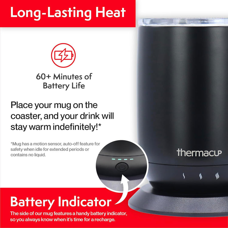 Thermacup Premium Self-Heating Coffee Mug with Lid, Temperature Controlled Led Electric Mug, 3 Custom Heat Settings, Auto Shut Off Feature, Keeps Liquids Warm, Sip Smarter (Midnight Black – 14 oz.)