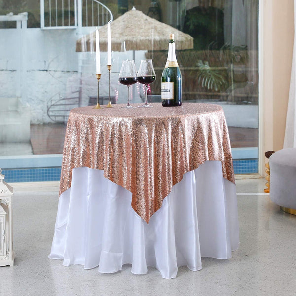 Rose Gold Sequin Square Tablecloth - 50x50 Inch Glittering for Weddings Baby Showers Birthdays and Parties