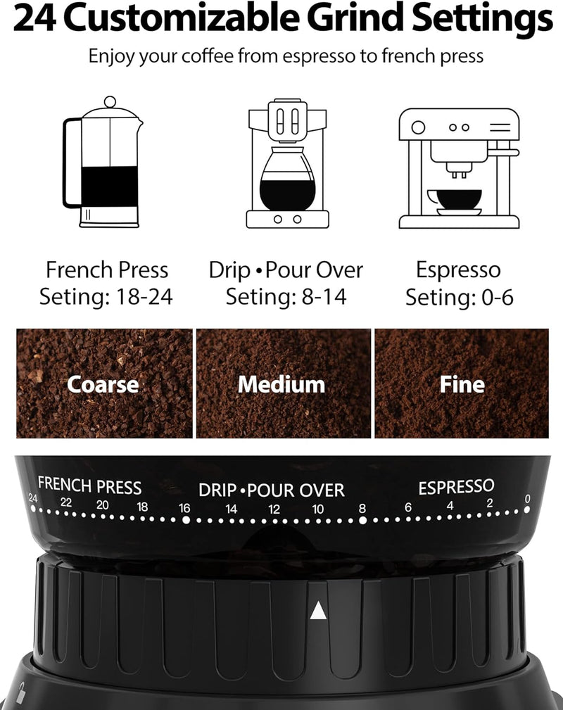 Aromaster Coffee Grinder Electric,Burr Coffee Grinder,Stainless Steel Coffee Bean Grinder with 24 Grind Settings,Grind Timer,Espresso/Pour Over/Cold Brew/French Press Coffee Maker