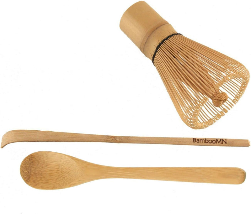 BambooMN Matcha Whisk Set - Golden Chasen (Tea Whisk) + Chashaku (Hooked Bamboo Scoop) + Tea Spoon - 1 Set - Premium Matcha Set to Prepare a Traditional Cup of Matcha