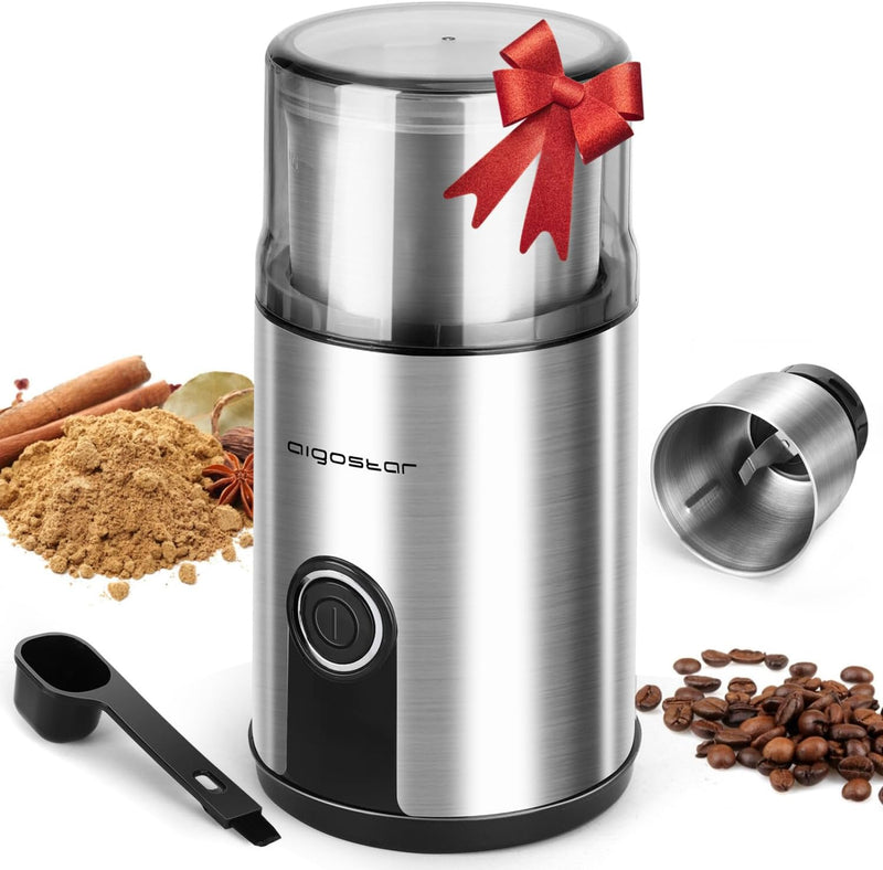 Coffee Grinder Electric, 60g/2oz Large Capacity, Aigostar Coffee Bean Grinder Spice Grinder w/One Touch Operation, Stainless Steel Blades, Cleaning Brush, Black