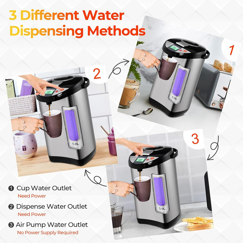 Hot Water Dispenser Electric - SIMOE Water Boiler and Warmer w/ 5 Temp Settings, One-touch Dispensing, 5.0 Liter/30+ Cups, Electric Hot Water Pot Urn w/Auto-Shutoff, 304 Insulated Stainless Steel