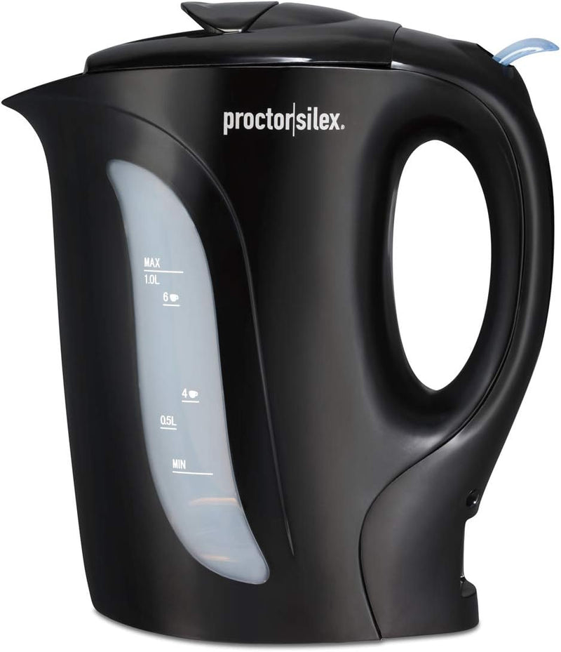 Proctor Silex Electric Tea Kettle, Water Boiler & Heater Auto-Shutoff & Boil-Dry Protection, 1000 Watts for Fast Boiling, 1 Liter, Black (K2071PS)