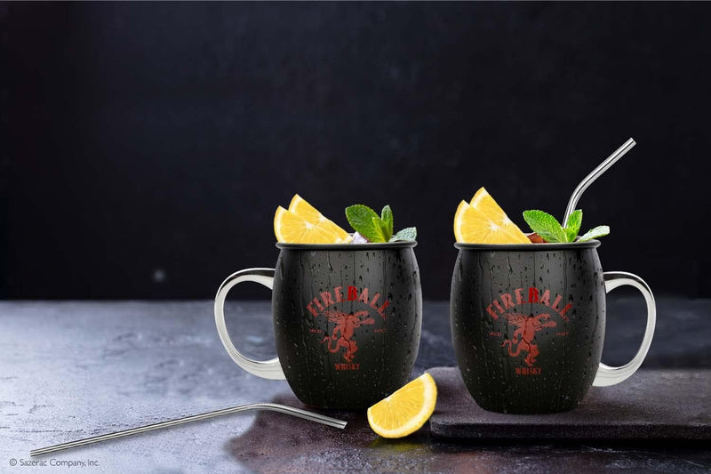 Fireball 2 PIECE MULE MUG WITH STAINLESS STEEL STRAWS, Black, LARGE