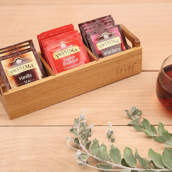 HTB Small Tea Bag Box Wooden, 3 Compartments Acacia Wood Tea Bag Chest with Handle, Mini Countertop Divided Storage Container for Beverage Supplies, Sugar, Sweeteners, Individual Packets