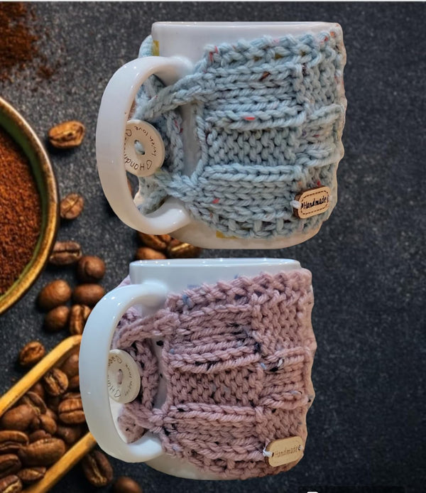 Set of 2 coffee cozy,reusable sleeve for coffee and tea cups, sweater wrap for mugs, Rose and aqua cozy coffee sweater for mugs