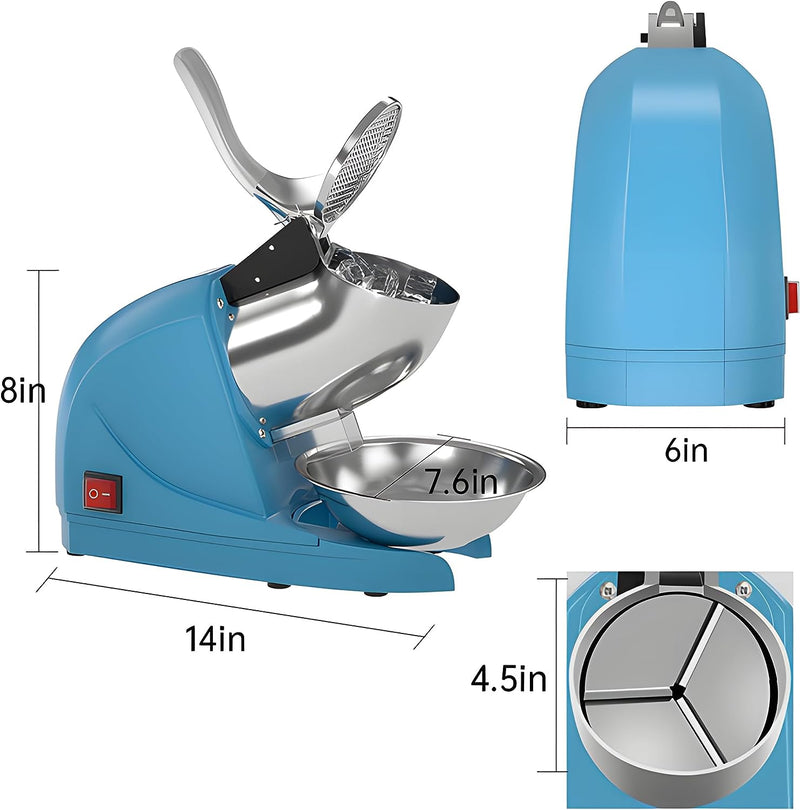 Electric Ice Crushers Machine Shaved Ice Machine Ice Snow Cone Maker  Professional Double Blades Stainless Steel Ice Shaver Machine for Home Commercial Use (Blue)