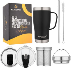 AVODAH 20 oz Tea Cup with Tea Infuser and Lid. Tea Infuser Mug with Tea Strainer, Two Lids & Straw. Coffee Travel Mug with Tea Accessories for Cold Brew (Lilac)