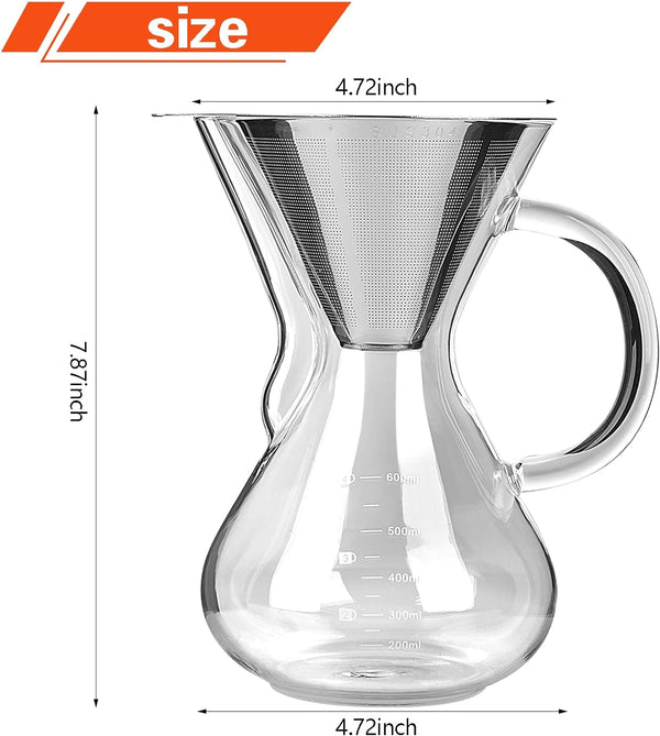 BOQO Pour Over Coffee Maker Set, Borosilicate Glass Carafe Hand Drip Filter Coffee Maker with Handle and Scale(800ml/27oz).