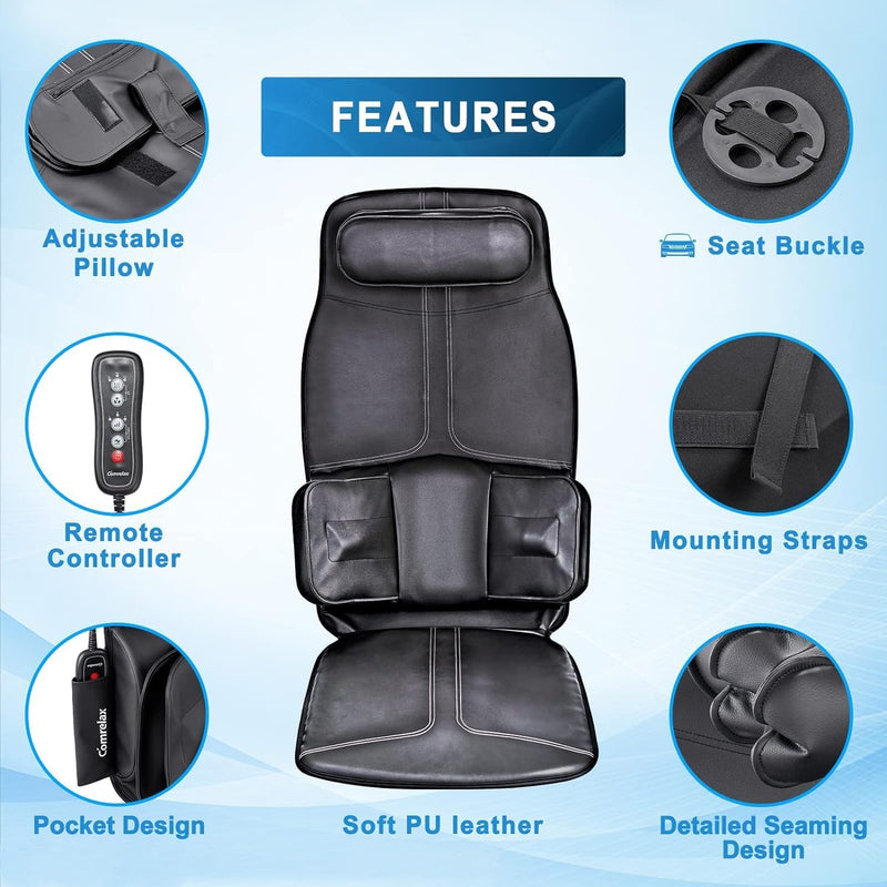 Back-Massager with Compression and Vibration Massage, Massage Chair Pad for Home Office Use, Height-Adjustable Seat Massager Cushion for Neck Back Waist HIPS, 3 Modes & 3 Intensities, Soft Leather