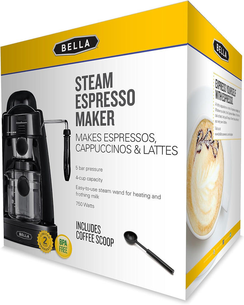 BELLA (13683) Personal Espresso Maker with Steam Wand, Glass Decanter & Permanent Filter, Black