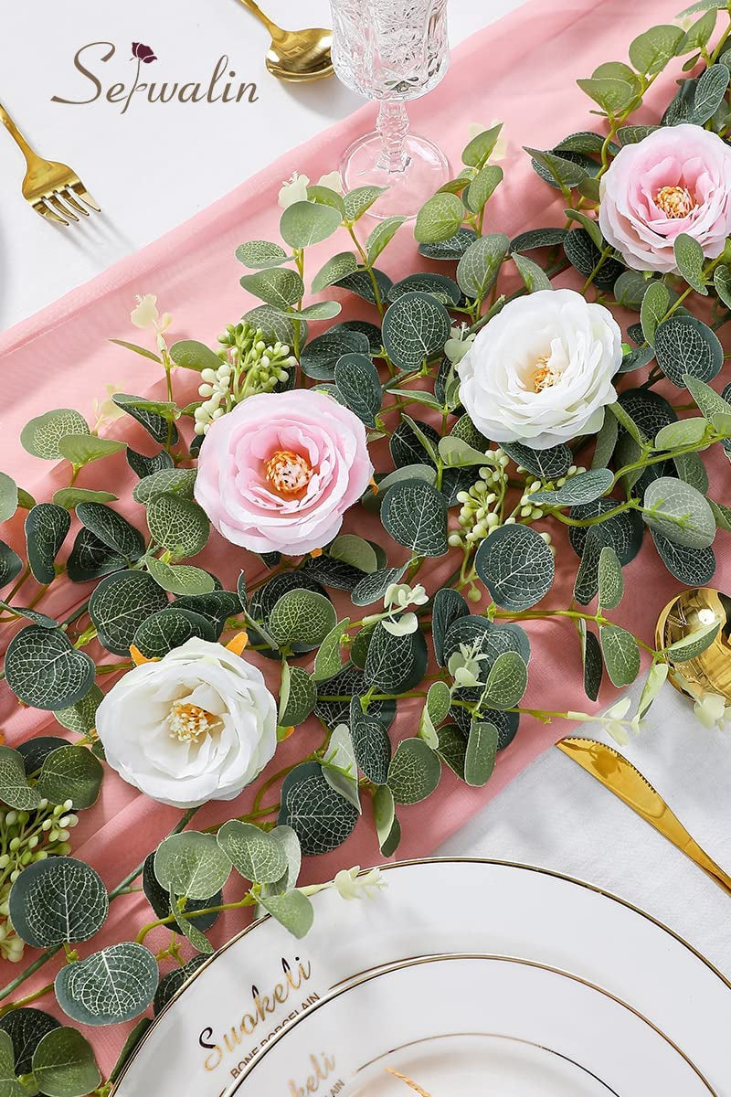 2-Piece Artificial Floral Garlands for Wedding and Party Decor - Pink and White Roses with Seeded Eucalyptus - 13FT