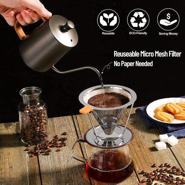 Pour Over Coffee Maker,XLVLVH 304 Stainless Steel Coffee Filter,Reusable Pour Over Coffee Dripper,Easy to Clean,Conical Coffee Dripper with Removable Cup