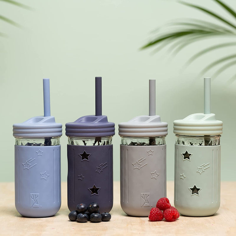 Elk and Friends Smoothie Cups For Kids & Toddler | The Original Glass Mason Jars 12 oz with Silicone Sleeves & Straws |Spill Proof|