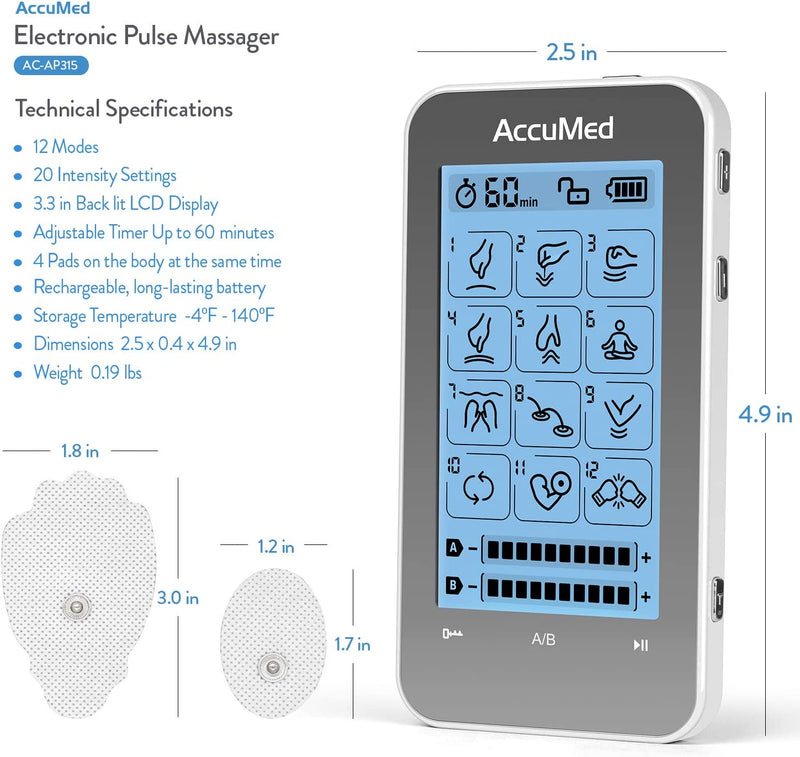 AccuMed TENS Unit Muscle Stimulator & Electronic Pulse Massager with 2 Channels - 12 Modes, Pain Management Device with 20 Intensities for Back, Neck, Acupuncture, Rechargeable Battery (AC-AP315)