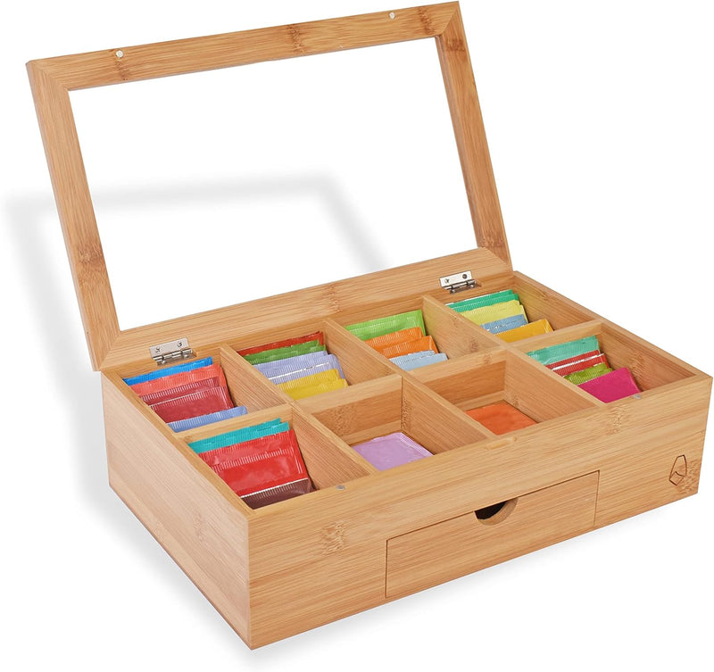 JAIG Products Tea Box - Bag Storage Holder Organizer - Bamboo Wood Chest Container - Has 8 Compartments -Comes with Drawer - Complete with Bamboo Spoon