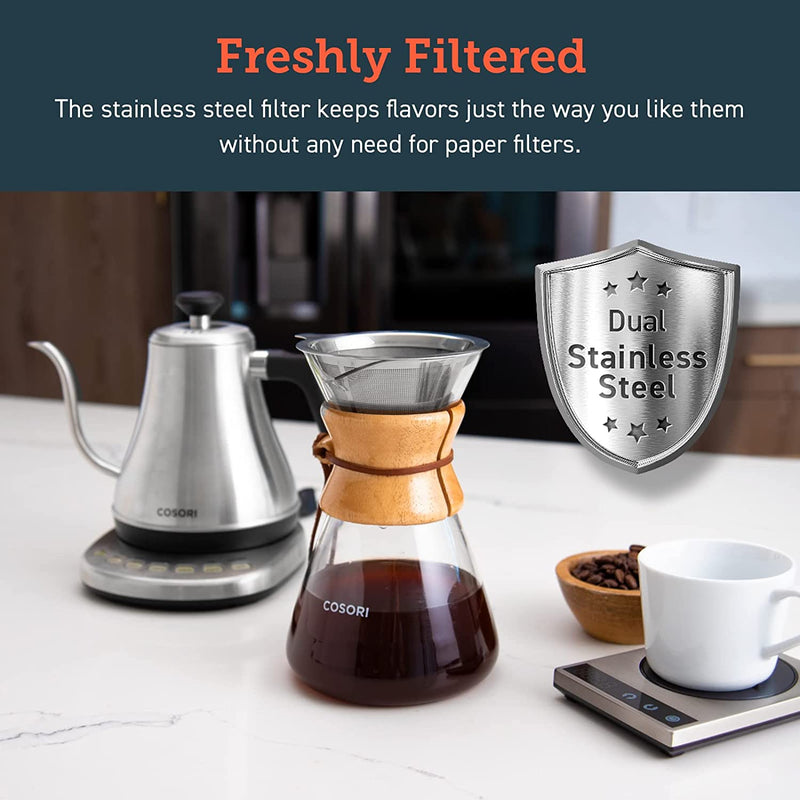 COSORI Pour Over Coffee Maker with Double Layer Stainless Steel Filter, 8-Cup, Drip Coffee Maker, Coffee Dripper Brewer, Christmas Gifts, High Heat Resistant Carafe, also for Camping, Hiking