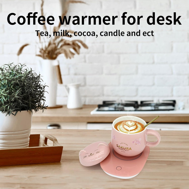 LIZHIGU Coffee Warmer with Mug - Cute Coffee Cups Cat Mug Cup Warmer Mug Warmer for Desk Coffee Cup for Women Smart Coffee Mug Warmer Coffee Mug Warmer is The Gift with Gift Box Pink