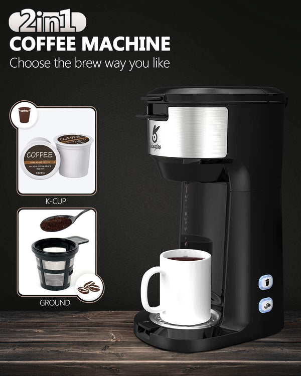 Coffee Maker with Milk Frother, Single Serve Coffee Maker for K-Cup Pod & Ground Coffee, Compact Coffee Maker 2 in 1 with Self Cleaning, Fast Brewing (Black
