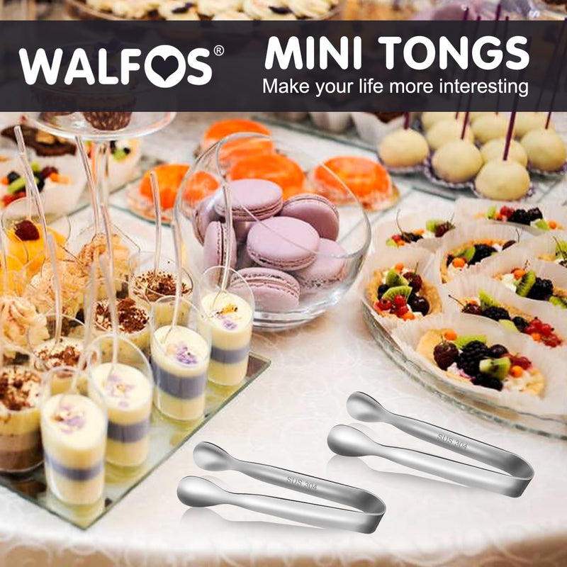 Walfos Mini Tongs for Serving Food, Small Tongs Stainless Steel Kitchen Tiny Tongs for Appetizers, Sugar，Desserts，Tea Party, Coffee Bar, Set of 12 （Silver）