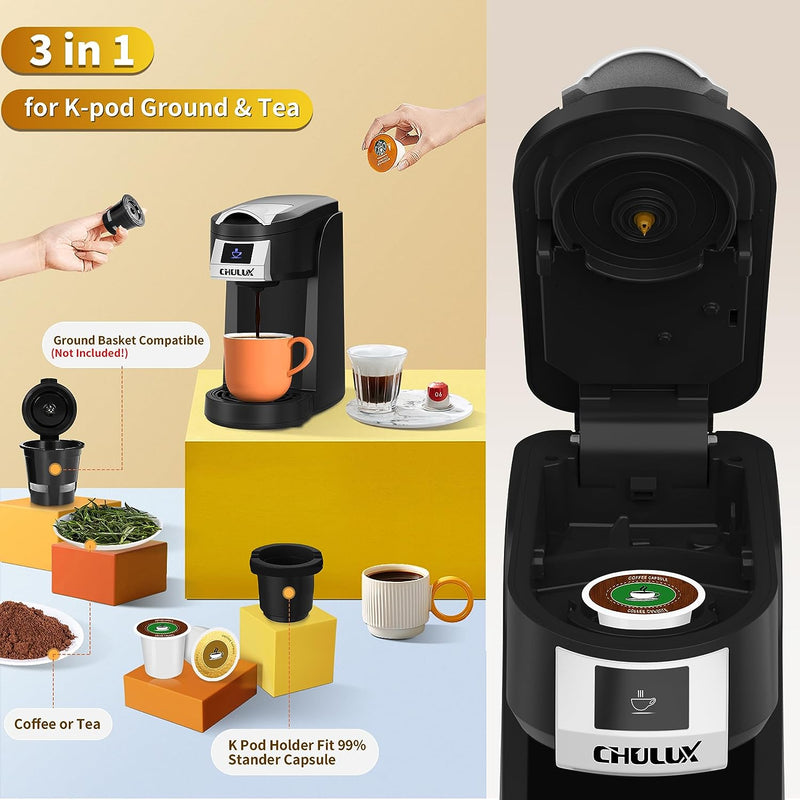 CHULUX Single Serve Coffee Maker, One Cup Coffee Brewer for K Cup & Ground Coffee, 5 to 12oz Brew Sizes in Mins, Auto Off Function, Portable Coffee Machine for Home, Office, Travel, Kitchen