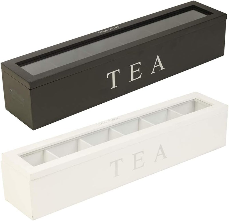 Wooden Tea Storage Box, 6 Compartment Tea Box Storage Organizer Tea Bag Holder Storage Chest Box with Transparent Cover Wooden Box for Storage Tea Bags (White)
