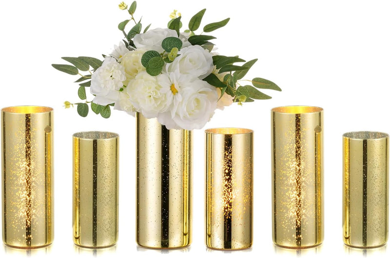 Glass Cylinder Vases Set of 6, Hewory Glittery Silver Vase for Centerpieces, Hurricane Candle Holders for Pillar or Floating Candle, Round Tall Vase for Wedding Anniversary Events Home Table Decor