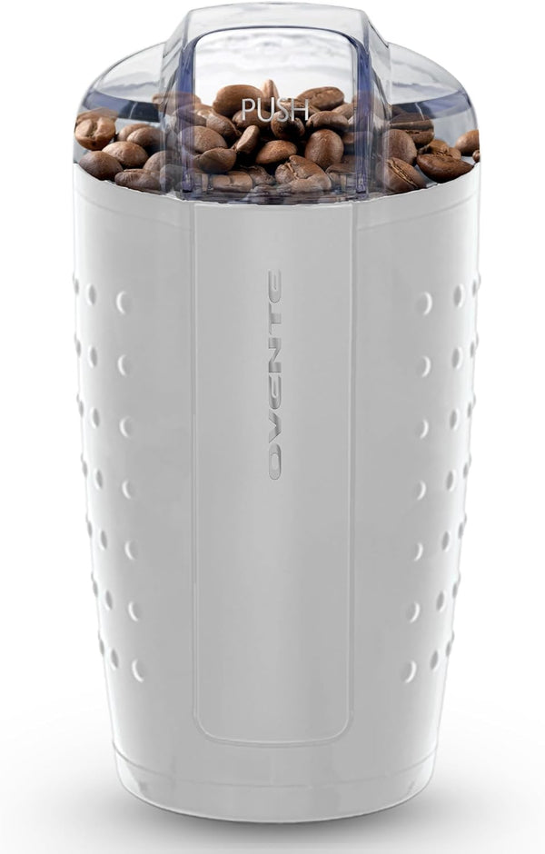 OVENTE Electric Coffee Grinder - Small Portable & Compact Grinding Mill with Stainless Blade for Bean Spices Herb and Tea, Perfect for Home & Kitchen - White CG225W