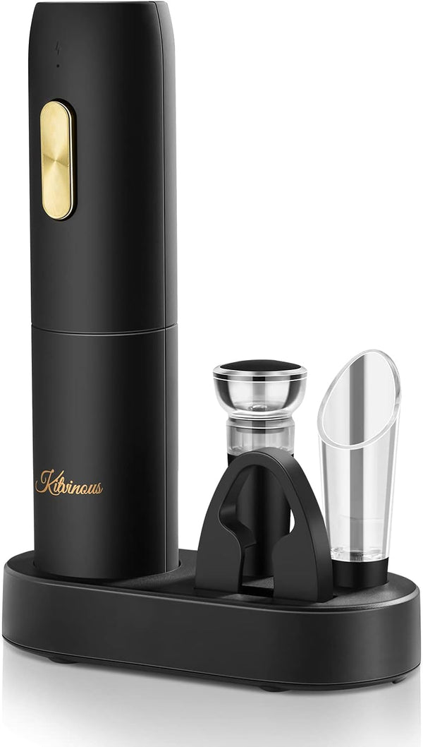 KITVINOUS Electric Wine Opener Set with Charging Base, Reusable Automatic Wine Bottle Opener with Led Light, Portable Corkscrew with Pour & Preserver Vacuum Stopper, Foil Cutter, Black