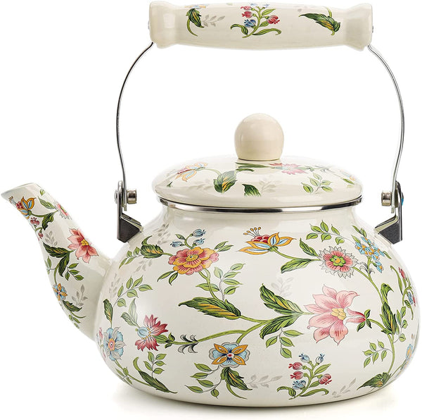 Jucoan 2.6 Quart Vintage Enamel Tea Kettle, Green Floral Enamel on Steel Teapot with Cool Touch Porcelain Handle for Stovetop Home Kitchen Decor, Gift for Housewarming Christmas New Year