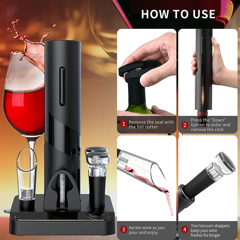 Electric Wine Opener Set, Automatic Corkscrew Opener Kit, Battery Operated Openers for Wine Bottles with Foil Cutter, Wine Aerator Pourer, Vacuum Stoppers. 5-in-1 multifunctional wine accessories