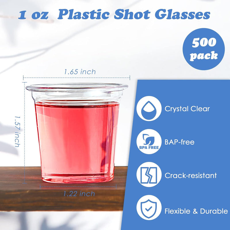 Lilymicky 500 PACK 1 oz Plastic Shot Glasses, 1 ounce Clear Disposable Plastic Cups, Party Cups for Vodka, Whiskey, Tequila, Mini Plastic Containers for Sauce, and Sample Tasting