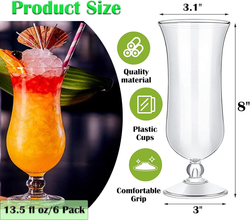 Cheardia 6 Pack Plastic Hurricane Glass, 13.5 oz Pina Colada Glasses Break-Resistant Clear Tulip Drinking Cups for Juices, Cocktails, Full-Bodied Beer, Tropical Drinks, Water, Beverages