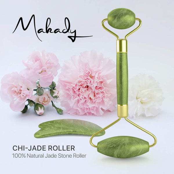 Makady Natural Jade Roller– Gua Sha – Lymphatic Drainage Tool for Face, Neck, Body - Anti Aging Treatment – Reduces Wrinkles and Fine Lines