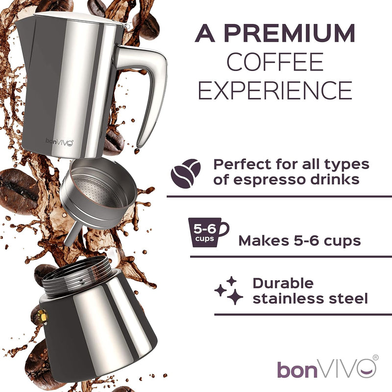 bonVIVO Intenca Stovetop Espresso Maker - Luxurious, Stainless Steel Italian Coffee Maker for Camping or Home Use - Makes 6 Cups of Full-Bodied Coffee - Copper, 10oz