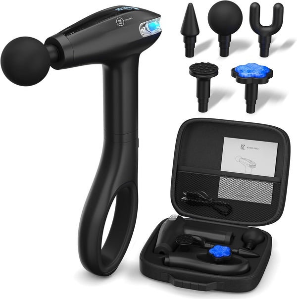 Kyro Pro Massage Gun - Percussion Massager with Extension Handle Holder + Cold Compress Head, Portable Travel Case | Back, Neck, Shoulder, Deep Tissue Muscle Pain Relief, Handheld, LED Display (Black)